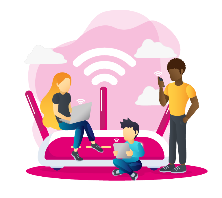A Light pink background animates a family enjoying a laptop and mobile internet using a broadband connection showing a trusted ISP.